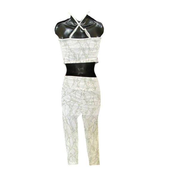 White Snake Print Two-Piece Set - Crop Top & High-Waisted Leggings Size Large - Picture 3 of 7